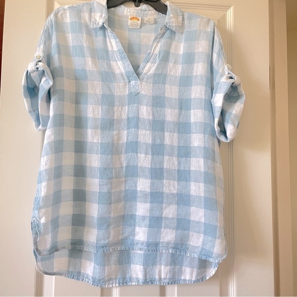 C&C California Linen Top Pullover Oversized Short Sleeve Plaid Blue White Size S - Picture 1 of 11